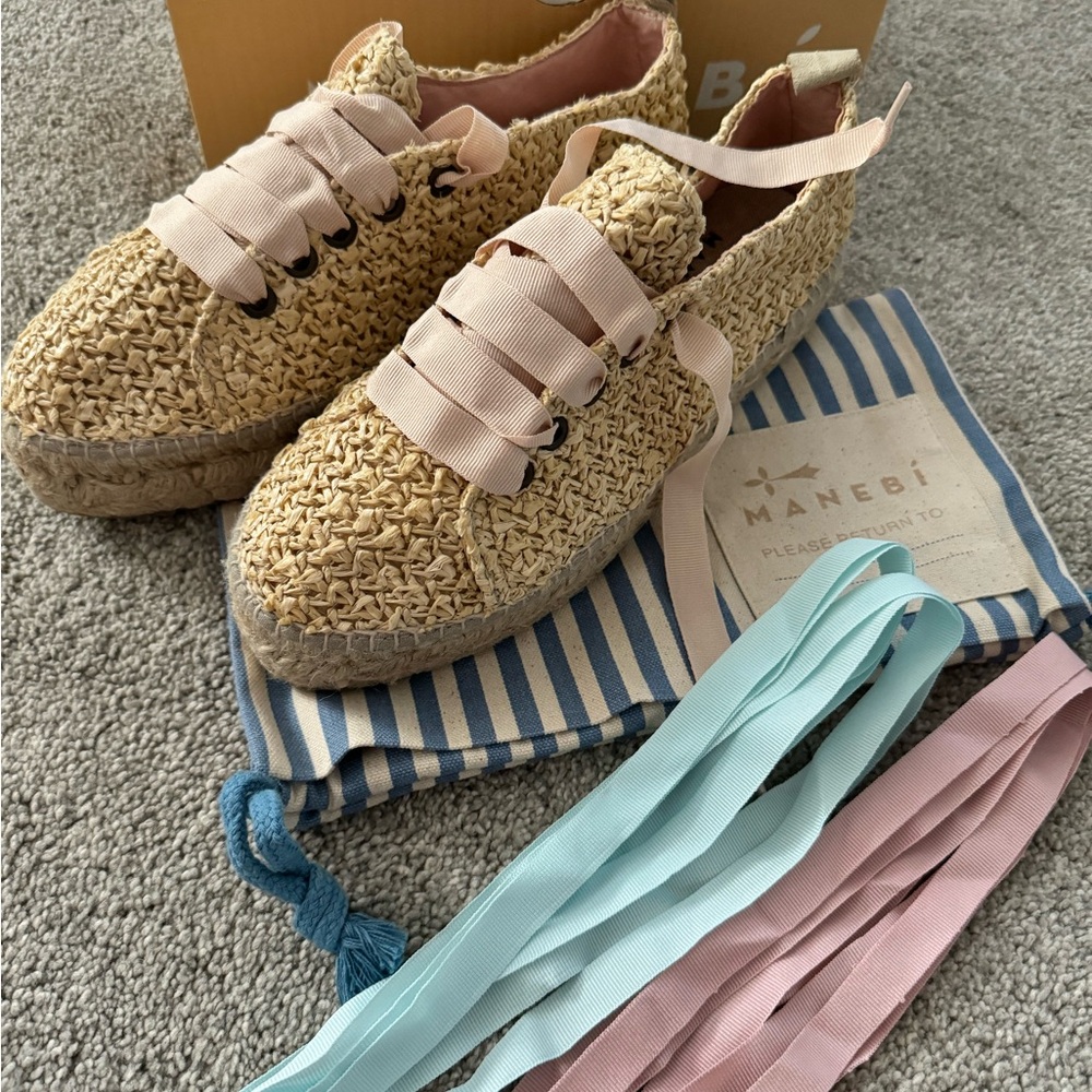 Manebi x Rocky Barnes Raffia Lace-up Espadrilles pink, light blue and rose laces